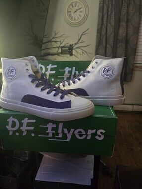 P.F. Flyers Men's High-Top Canvas Sneakers in White and Purple Accent